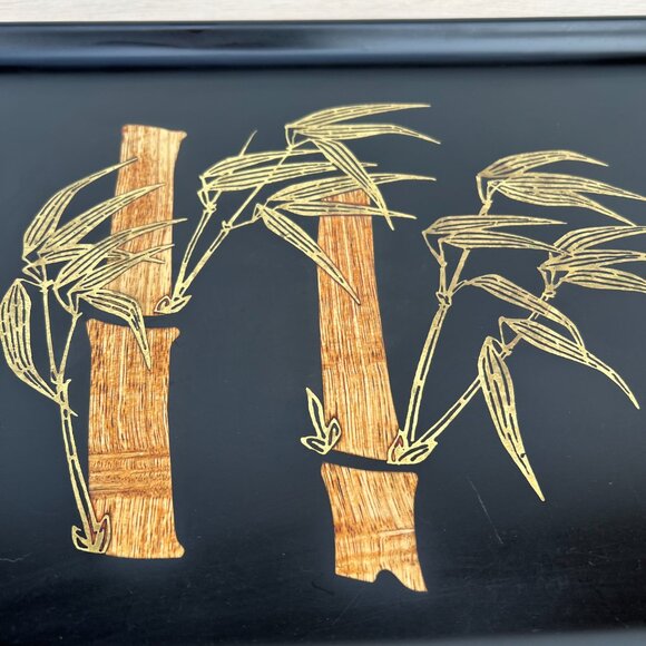 Vintage Couroc Monterey MCM Inlaid Brass Teak Wood Bamboo Rectangle Serving Tray - Picture 8 of 16